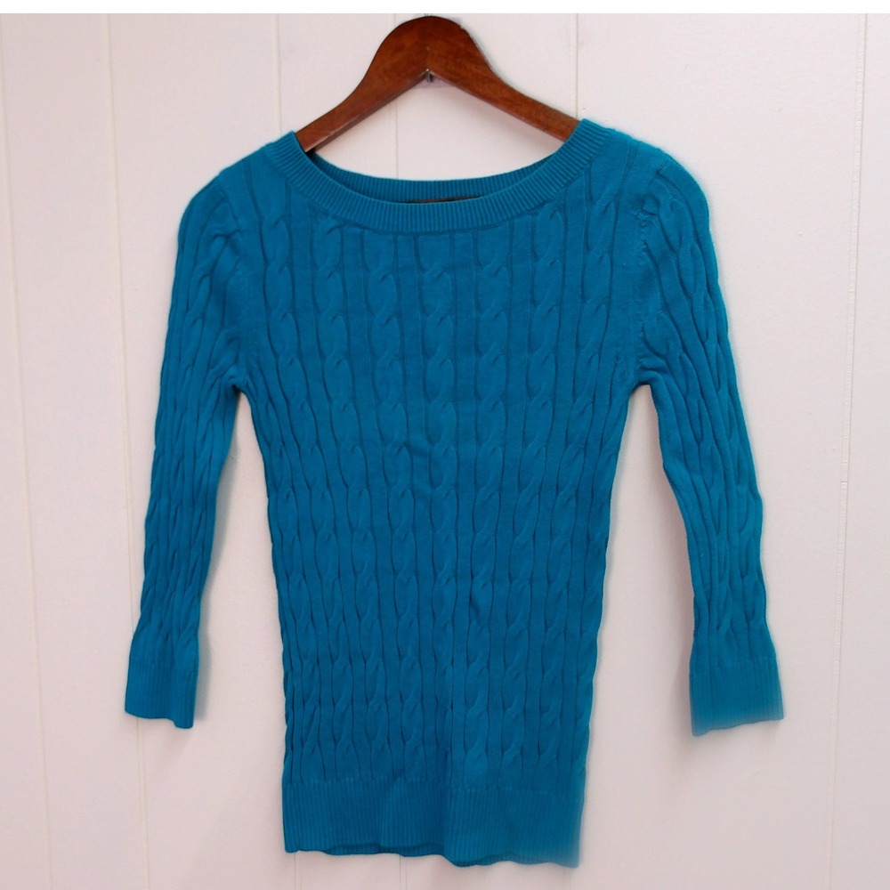 Ann Taylor Loft Teal Cable Knit V‎ Neck Sweater Women's XS / #1216